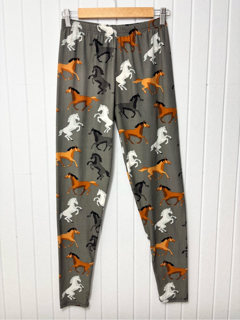 Grey Leggings/‎ pajamas  with Orange, White & Black Horse Print